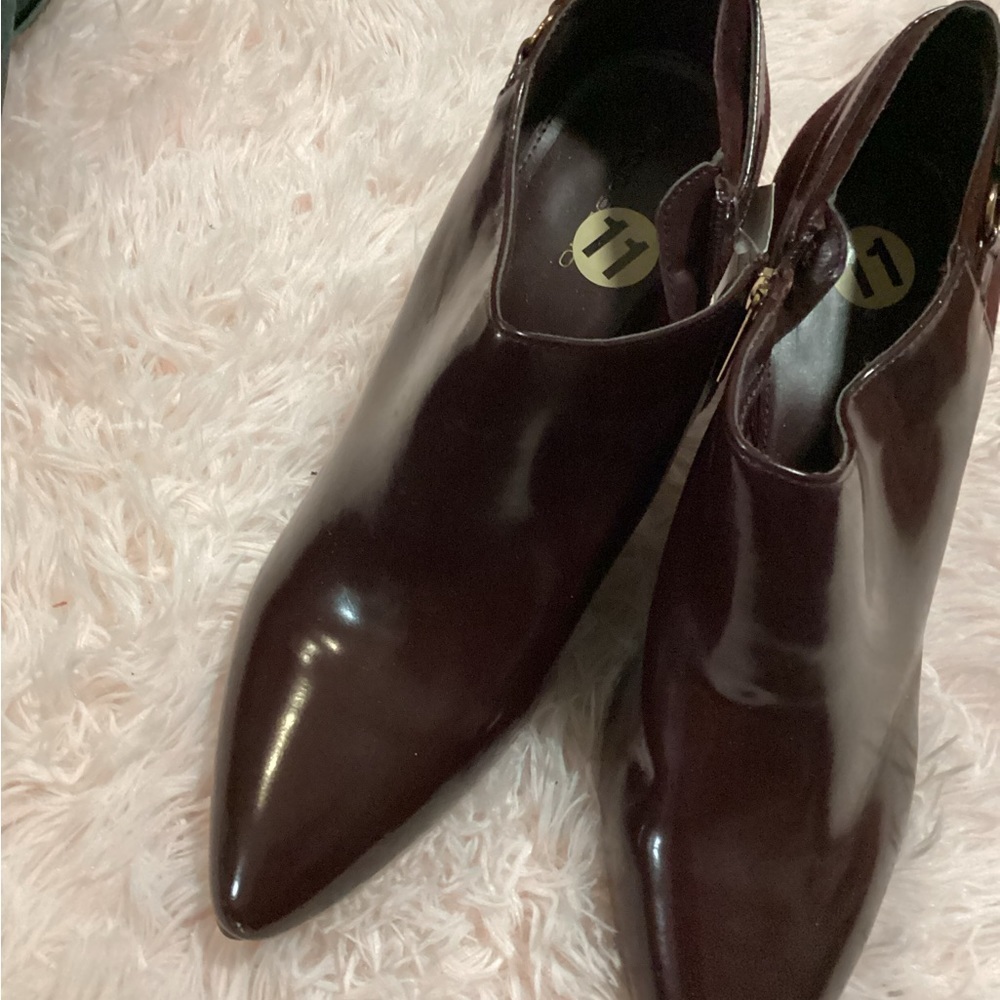 Maroon patent leather.